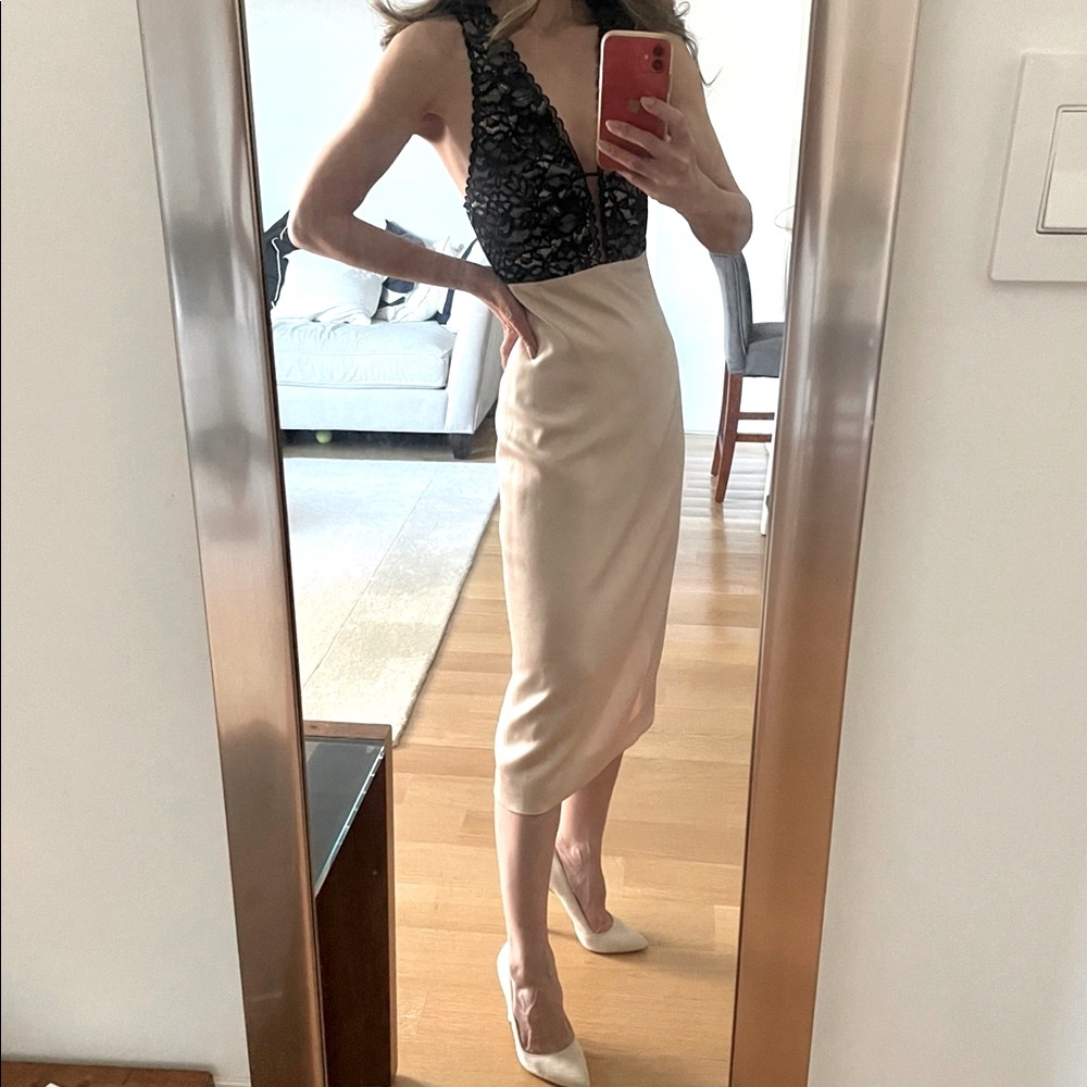 Alice + Olivia Plunge Neck Lace & Satin Cocktail Dress